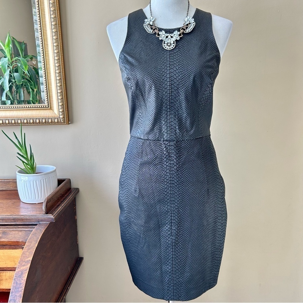MILLY Lambskin Black Snake Print Lamb Leather Cocktail Sheath Mini Dress Size 12